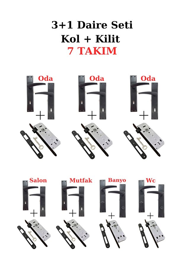 ( 7 Sets ) Brawo Mirrored Matte Black Door Handle + Lock System (3+1) Flat Set