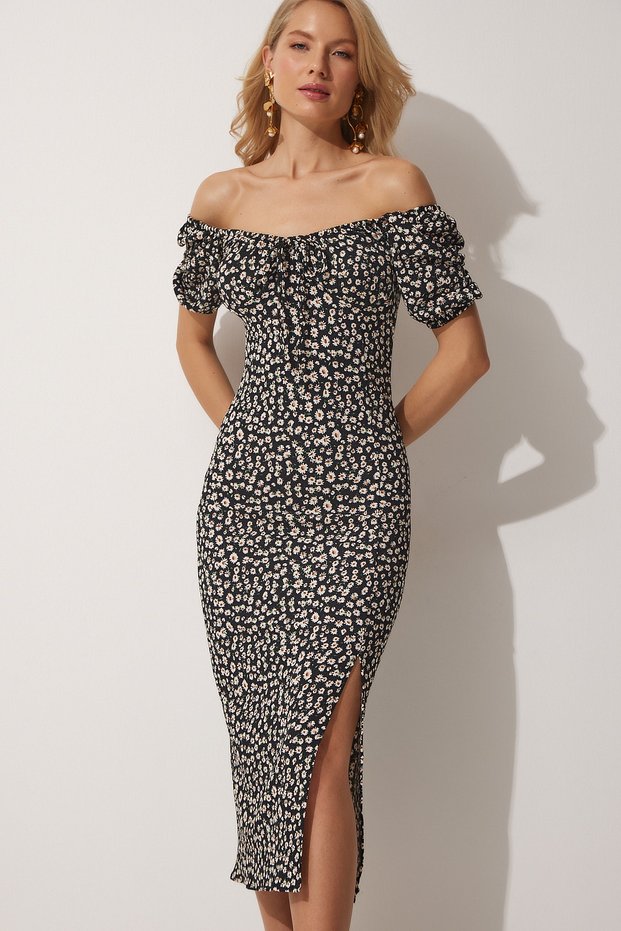 Women's Black Carmen Collar Slit Summer Knitted Dress FF00113