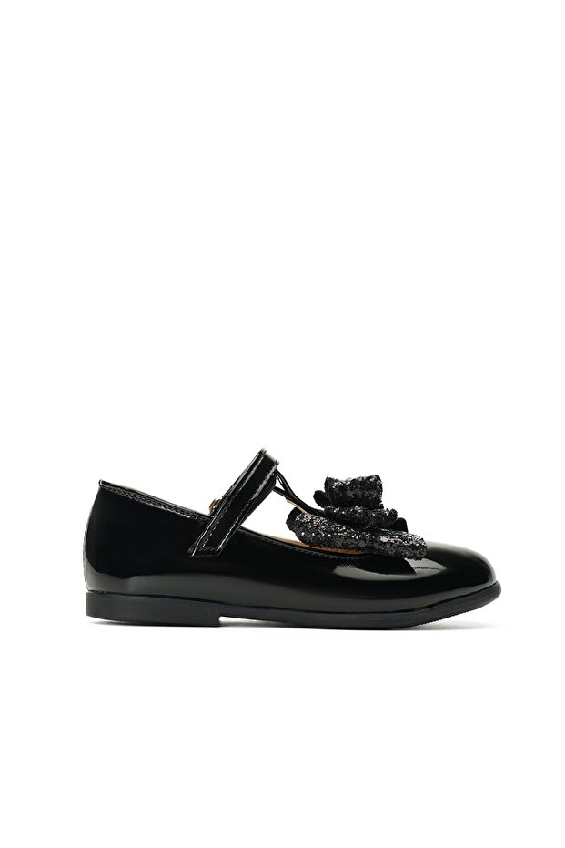 T-bar Black Vegan Girl's Ballerinas with Sequined Bow