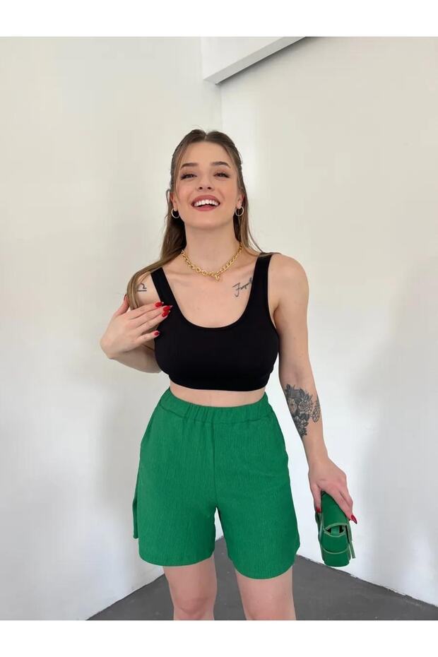 High Waist Pocket Elastic Waist Wrap Shorts