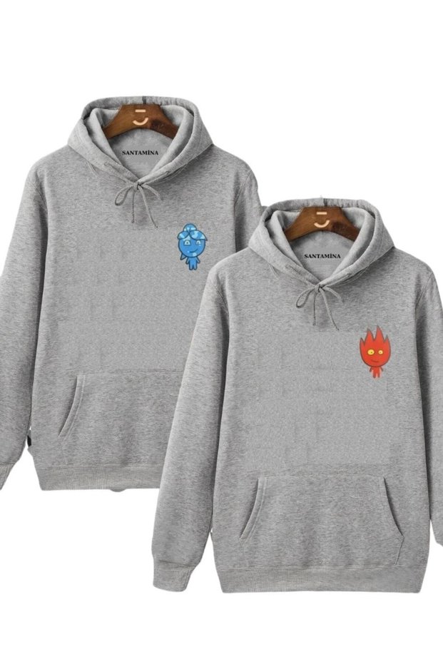 Unisex Gray Fire & Water Printed Lover Combination Sweatshirt 2 Pieces Pair