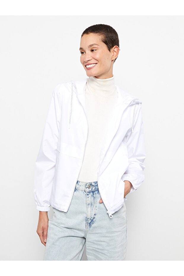 Einfarbiger, langärmliger Damen-Regenmantel mit Kapuze - 2