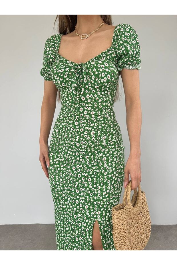 Women's Heart Collar Floral Patterned Summer Fabric Tile Tile Dress Green