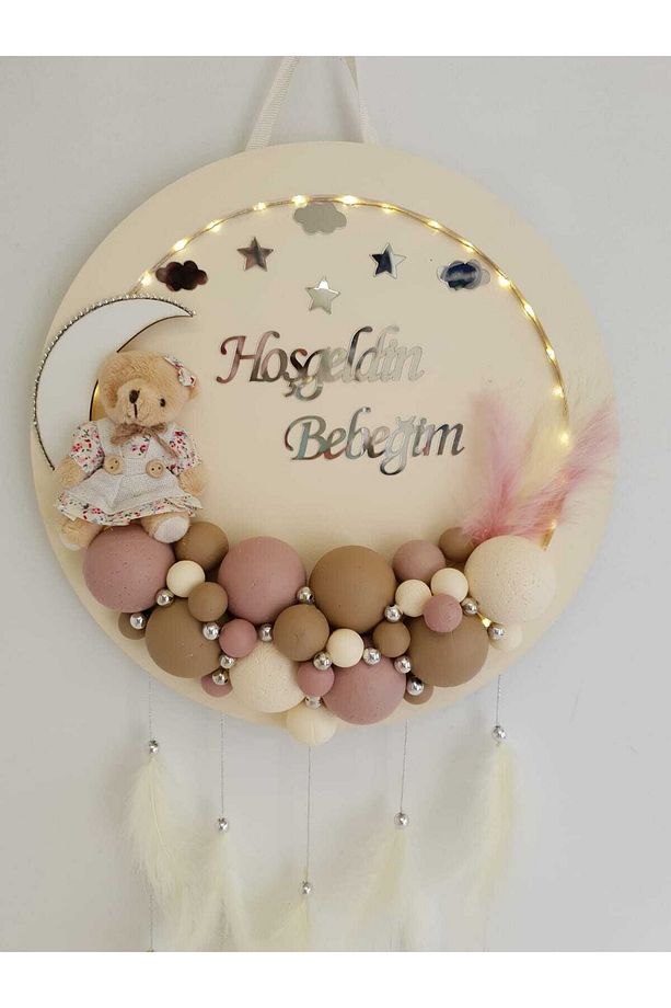 Kapı Süsü Ledli Bubble Ayıcıklı Ahşap Yuvarlak Pano - 1