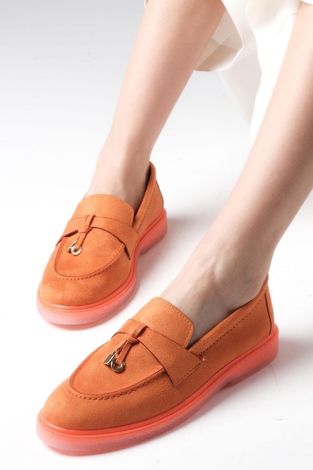 Triana Orange Color Suede Women's Daily Flat Loafer Shoes