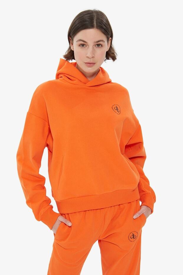 Turuncu Kapüşonlu Basic Sweatshirt - 4