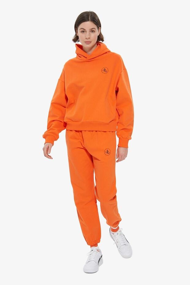 Turuncu Kapüşonlu Basic Sweatshirt - 6