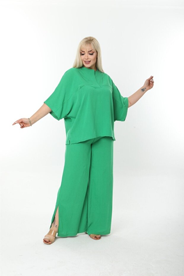 Plus Size Side Slit Comfortable Double Set with Pants Stylish Top and Bottom Set - 5