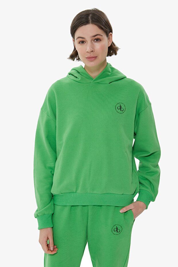 Yeşil Kapüşonlu Basic Sweatshirt - 3
