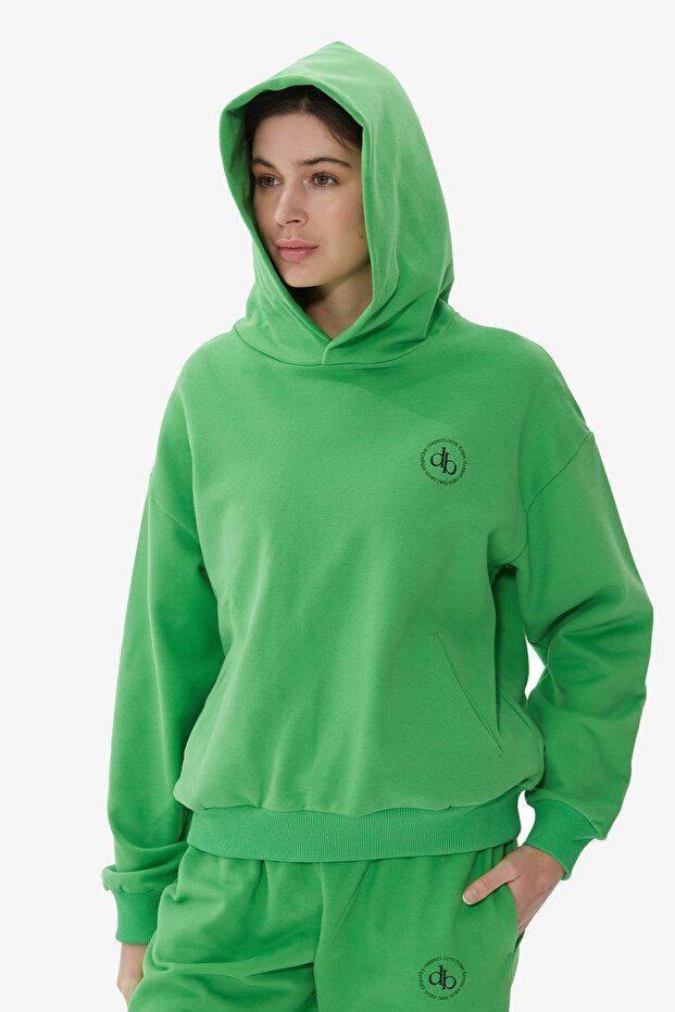 Yeşil Kapüşonlu Basic Sweatshirt - 4