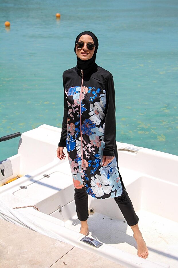 Parachute 3-Piece Long Floral Patterned Fully Covered Hijab Swimsuit M 2265