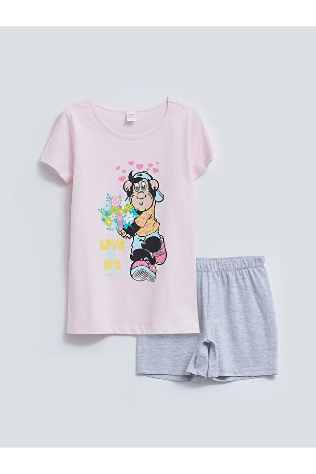 Crew Neck Nostalgic Monkey Printed Short Sleeve Girl's Pajama Set with Shorts