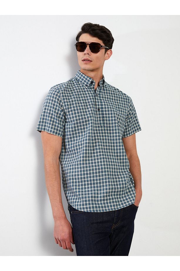Regular Fit Kısa Kollu Ekose Poplin Erkek Gömlek - 1