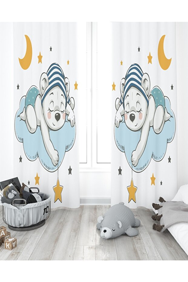 Sleepy Bear Patterned Children's Room Curtain (Single Wing Pricing)