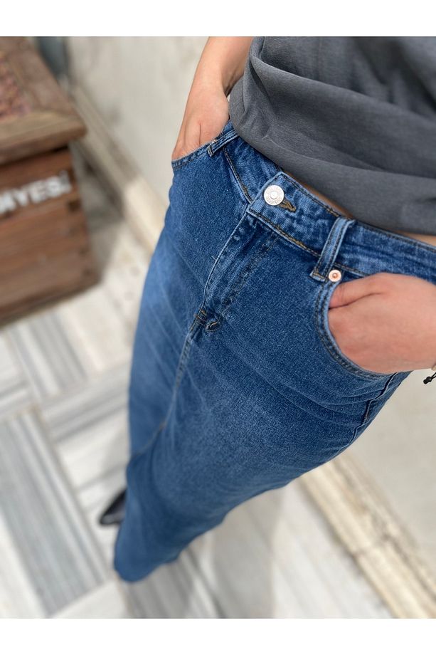Koyu Mavi Jean Önden Yırtmaçlı Denim Kot Kalem Etek - 5