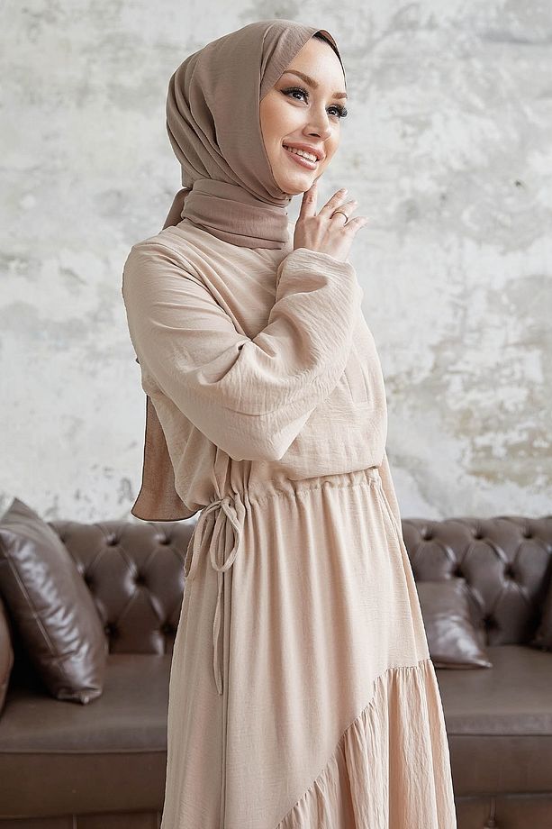 Merya Tünel Kemerli Soft Ayrobin Elbise - Bej - 3
