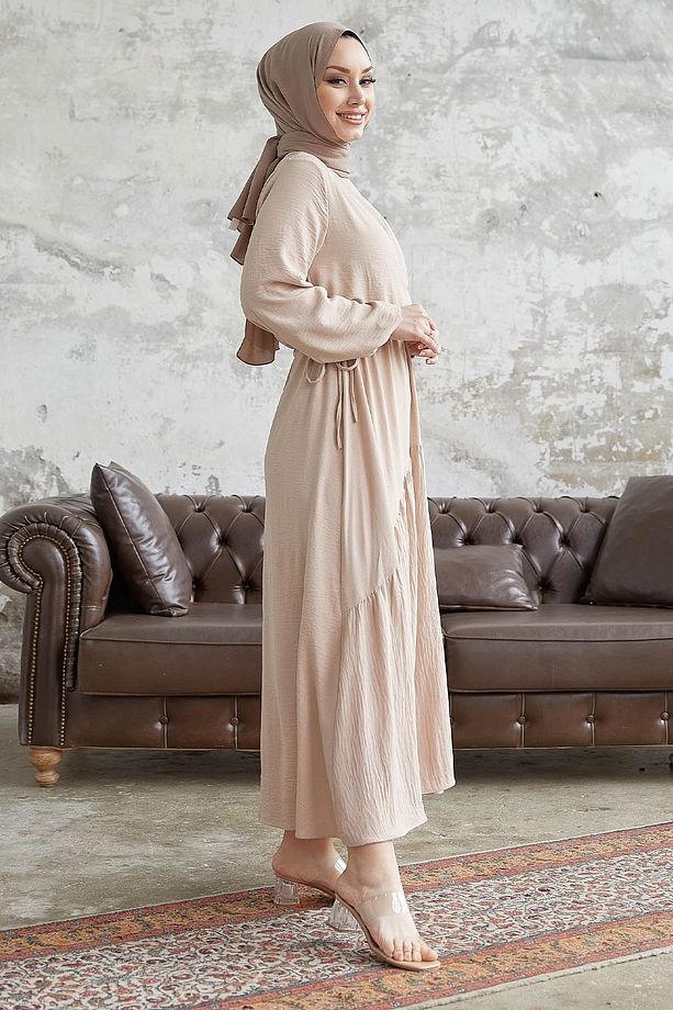 Merya Tünel Kemerli Soft Ayrobin Elbise - Bej - 5