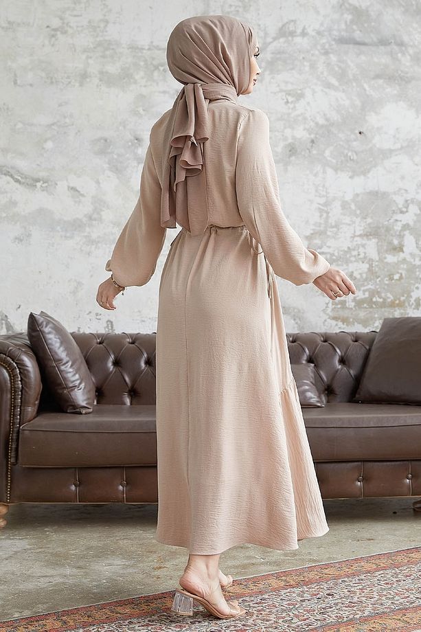 Merya Tünel Kemerli Soft Ayrobin Elbise - Bej - 6