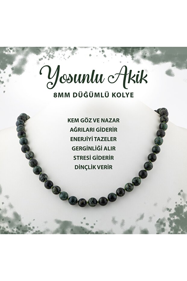 Certified Mossy Agate 8 mm Knotted Natural Stone Necklace