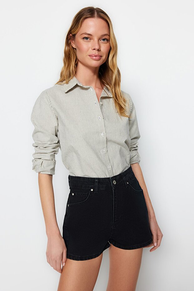 Siyah Yüksek Bel Mini Denim Şort TWOSS23SR00312 - 5