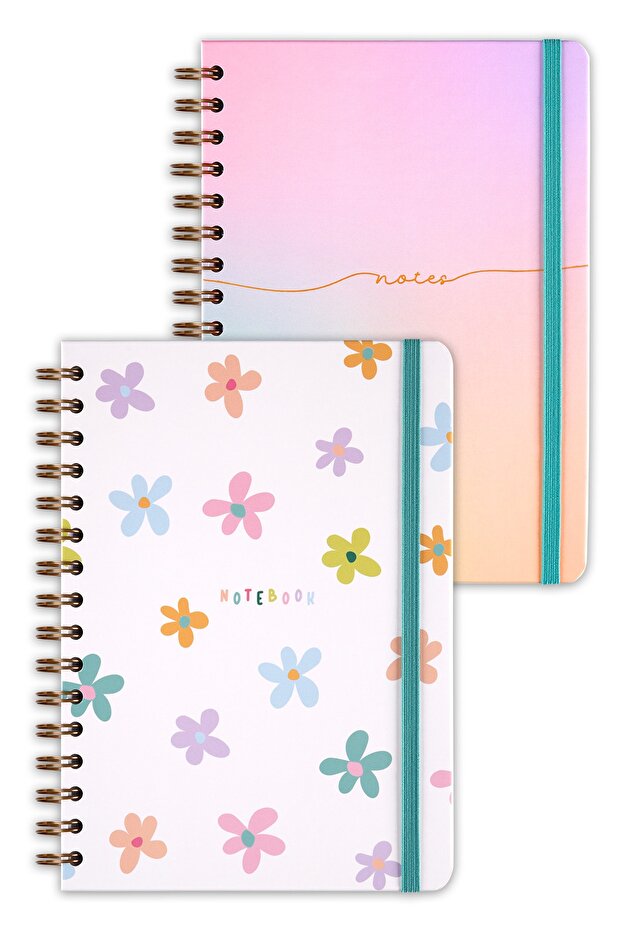 A5 15x21 Cm Spiral Elasticated 2-Piece Undated Notebook Set 1 Squared 1 Lined - 5