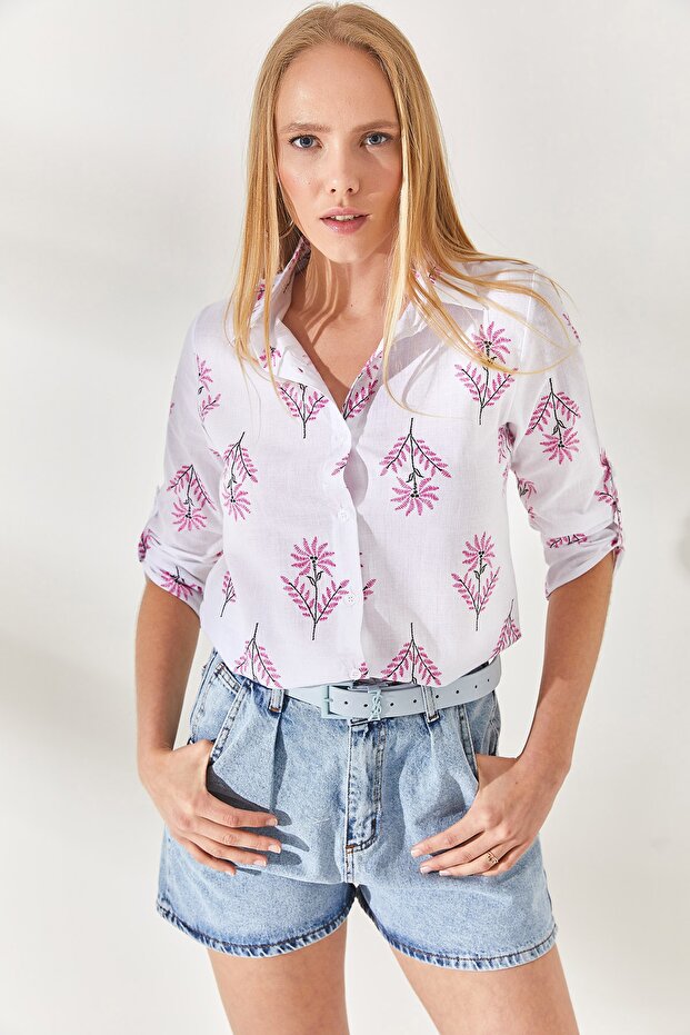 Wind Rose Fuchsia Sleeve Folded Linen Shirt GML-19000825
