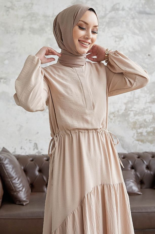 Merya Tünel Kemerli Soft Ayrobin Elbise - Bej - 4