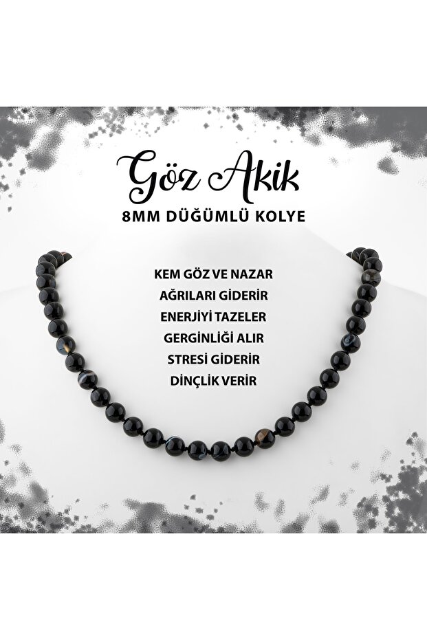 Certified Black Eye Agate 8 mm Knotted Natural Stone Necklace