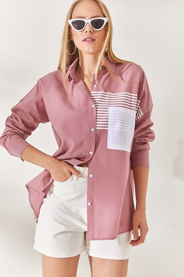 Gül Kurusu Cep Detaylı Oversize Dokuma Gömlek GML-19000978 - 2