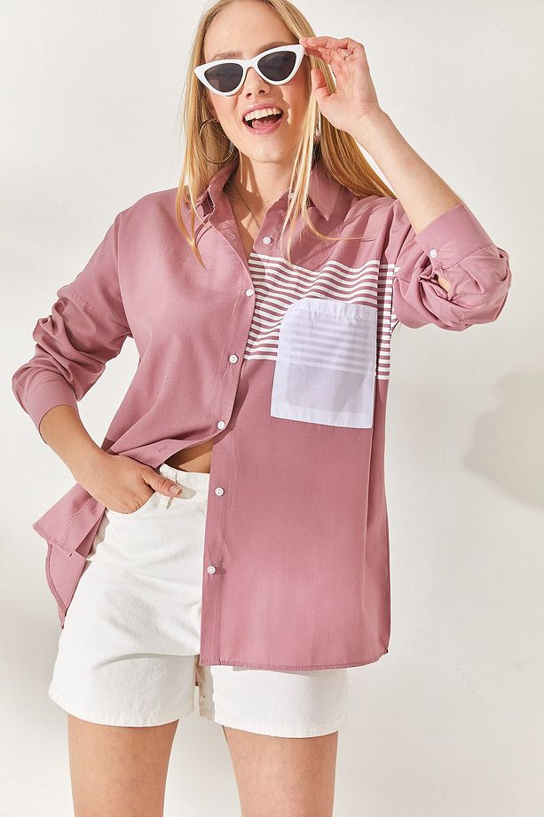 Gül Kurusu Cep Detaylı Oversize Dokuma Gömlek GML-19000978 - 3