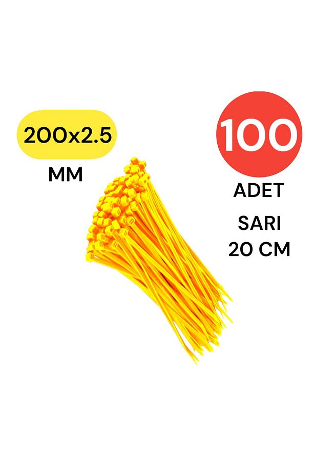 Plastik Kablo Bağı Klipsi Cırt Kelepçe 200 mm X 2.5 mm Sarı 100 Adet - 1