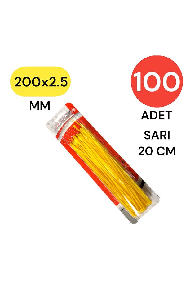 Plastik Kablo Bağı Klipsi Cırt Kelepçe 200 mm X 2.5 mm Sarı 100 Adet - 2