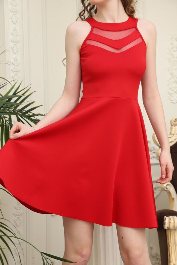 Flexible Scuba Fabric Transparent Detailed Red Evening Dress Red Graduation Dress 2222