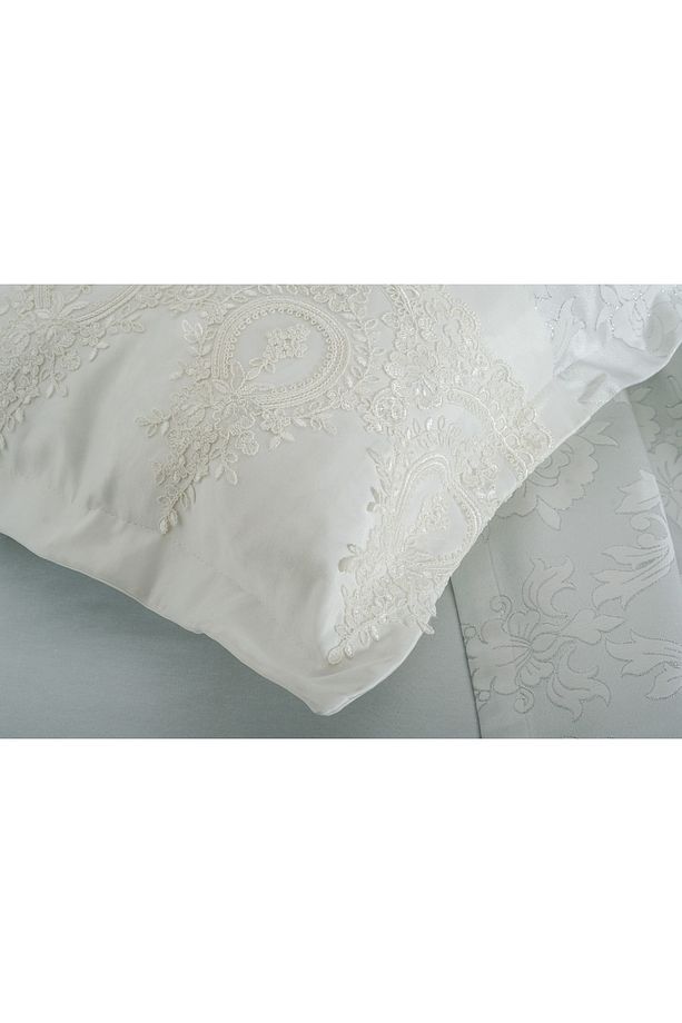 Beste Fransız Dantelli Simli Jakar Kumaş Gümüş Yatak Örtüsü 3 Prç -1448 - 8