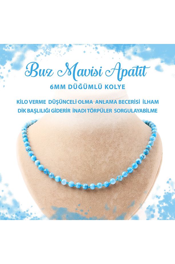 Sertifikalı Buz Mavizi Apatit 6 Mm Düğümlü Doğal Taş Kolye - 1