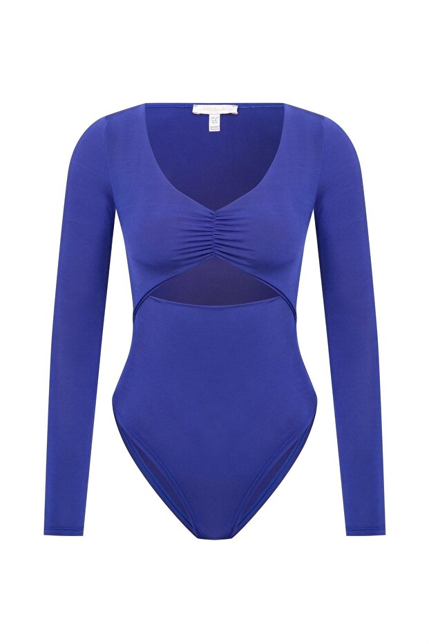 V-Neck Gather Detailed Cobalt Blue Bodysuit