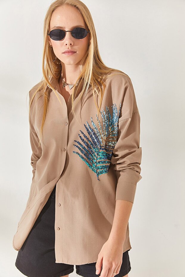 Mink Palm Sequin Detailed Oversize Woven Poplin Shirt GML-19001016