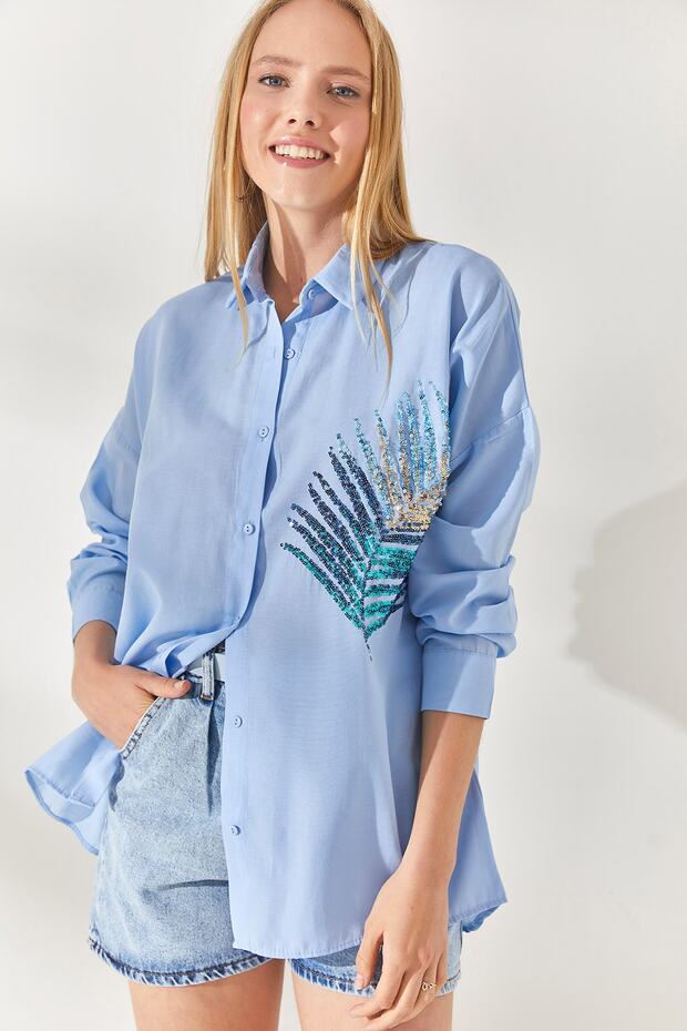 Baby Blue Palm Sequin Detailed Oversize Woven Poplin Shirt GML-19001016