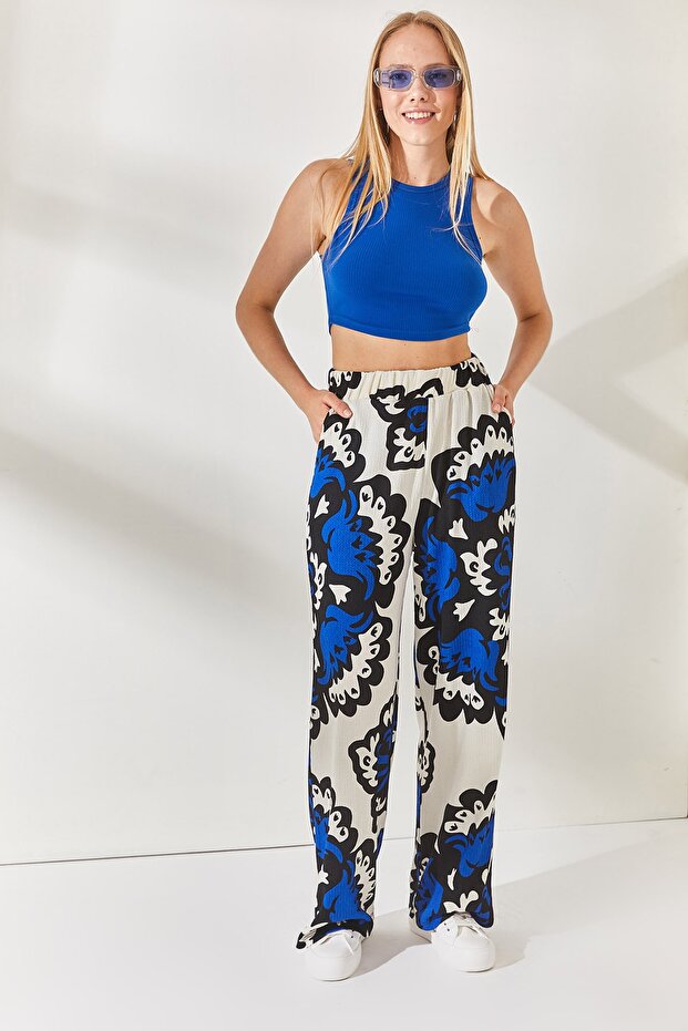 Cobalt Blue Stone Elastic Waist Pocket Patterned Palazzo Trousers PNT-19000225