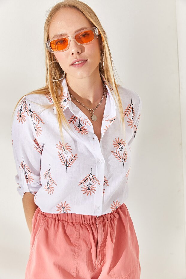 Wind Rose Orange Sleeve Folded Linen Shirt GML-19000825