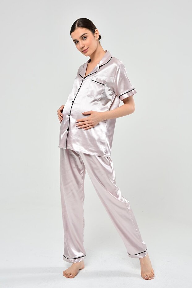 Satin Front Buttoned Maternity Short Sleeve Pajama Set