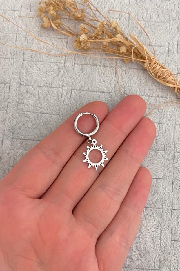 Unisex Silver Sun Figured Dangle Steel Hoop Earrings