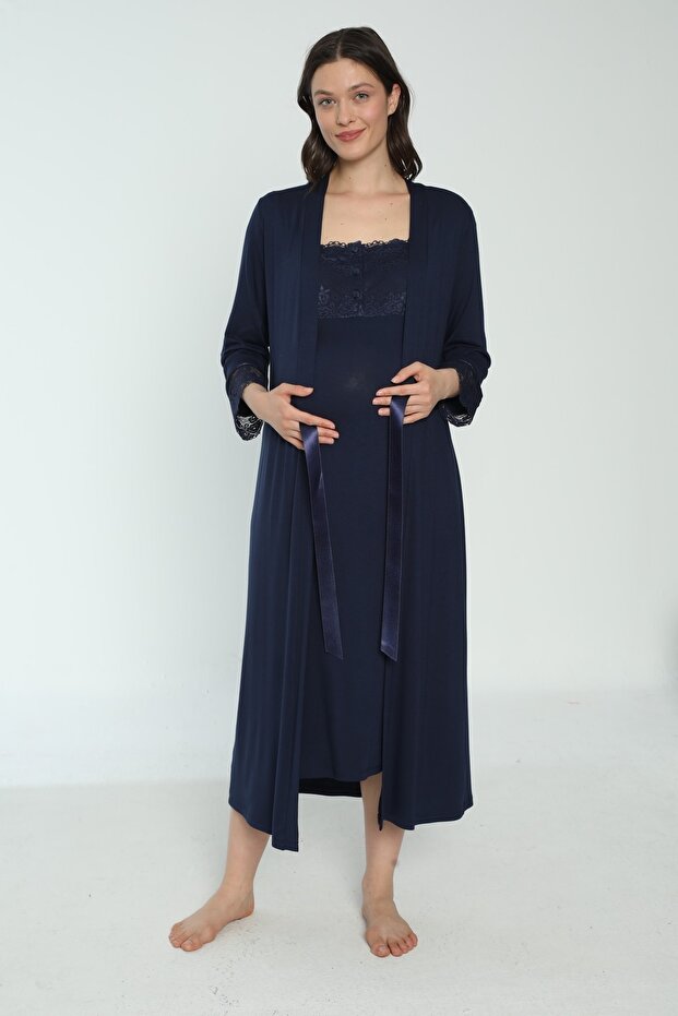 Navy Blue Maternity and Maternity Dressing Gown Nightgown Set