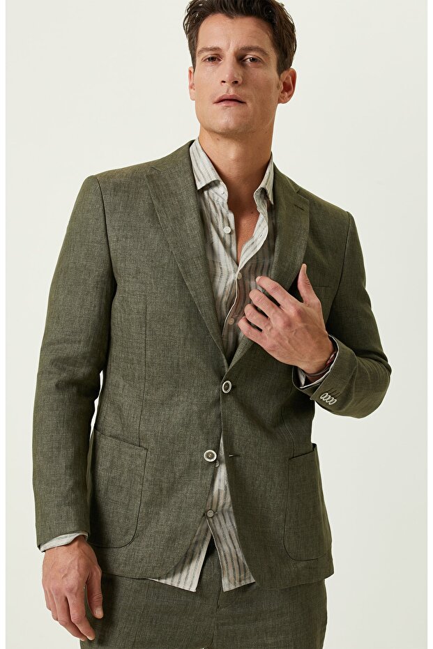 Haki Keten Blazer Ceket - 6