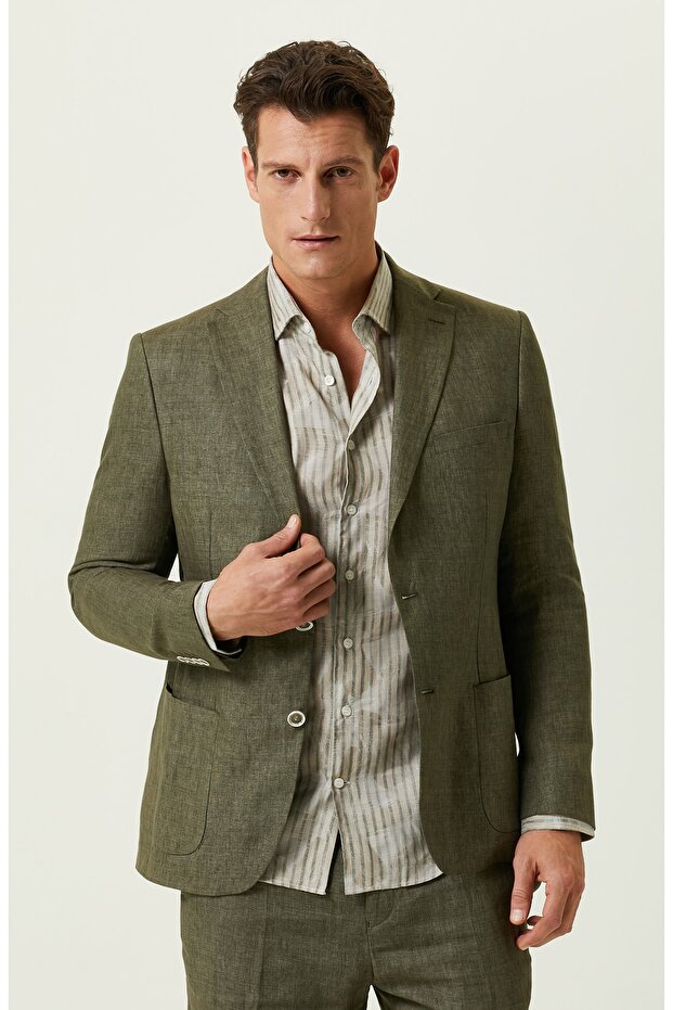 Haki Keten Blazer Ceket - 1