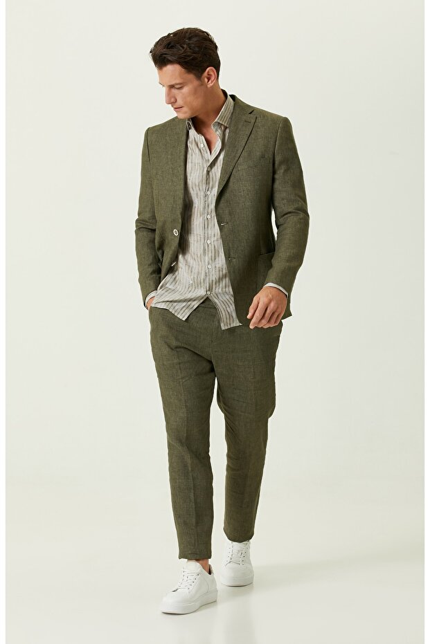 Haki Keten Blazer Ceket - 2