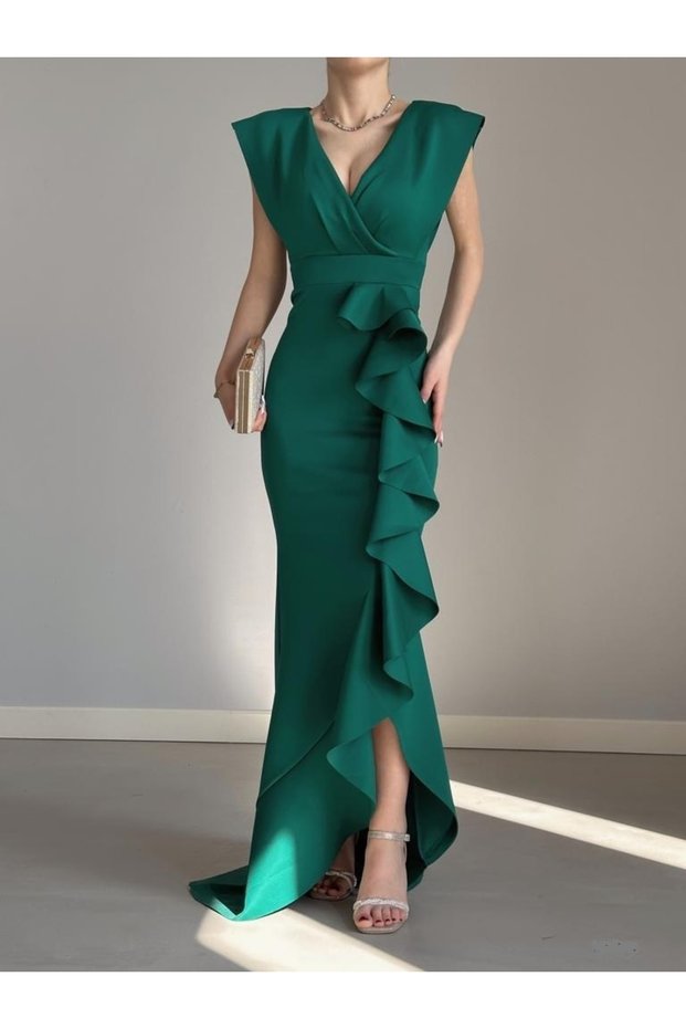 New Season Flexible Green Scuba Fabric Flounce Detail Slit Long Dress 729 582443