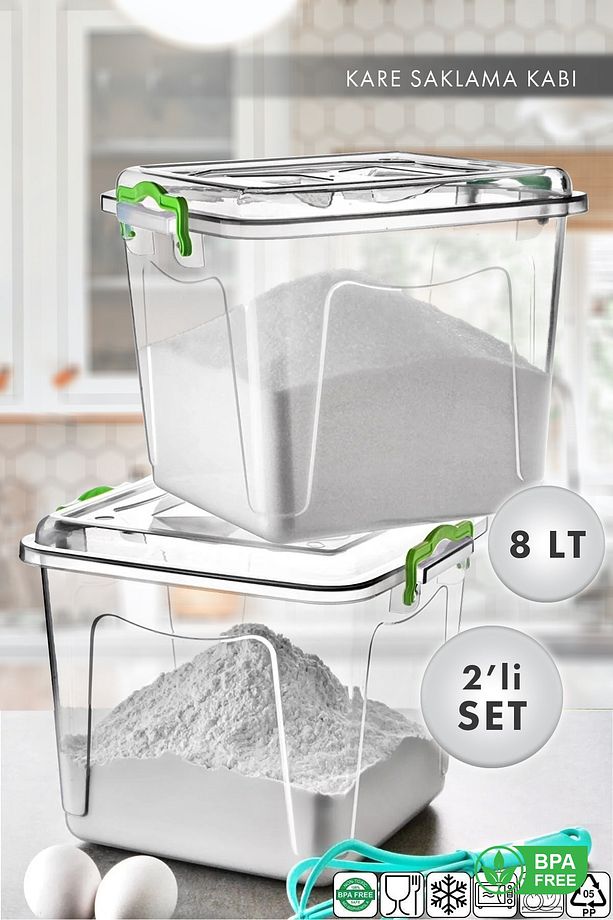 Elite Line 8 Lt. Jumbo Boy Kare Un- Şeker- Bakliyat Ve Deterjan Kabı 2 Adet Şeffaf - 1