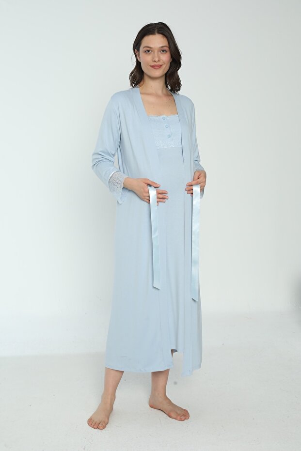 Baby Blue Maternity and Maternity Dressing Gown Nightgown Set