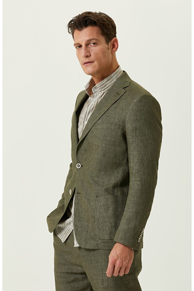 Haki Keten Blazer Ceket - 3